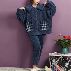 Womens Warm Lapel Big Pocket Pajama Set